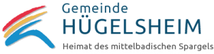 Logo der Gemeinde Hügelsheim mit dem Schriftzug Gemeinde Hügelsheim - Heimat des mittelbadischen Spargels sowie dem Icon der Gemeinde in den Gemeindefarben blau, gelb und rot mit einem stilisieren h